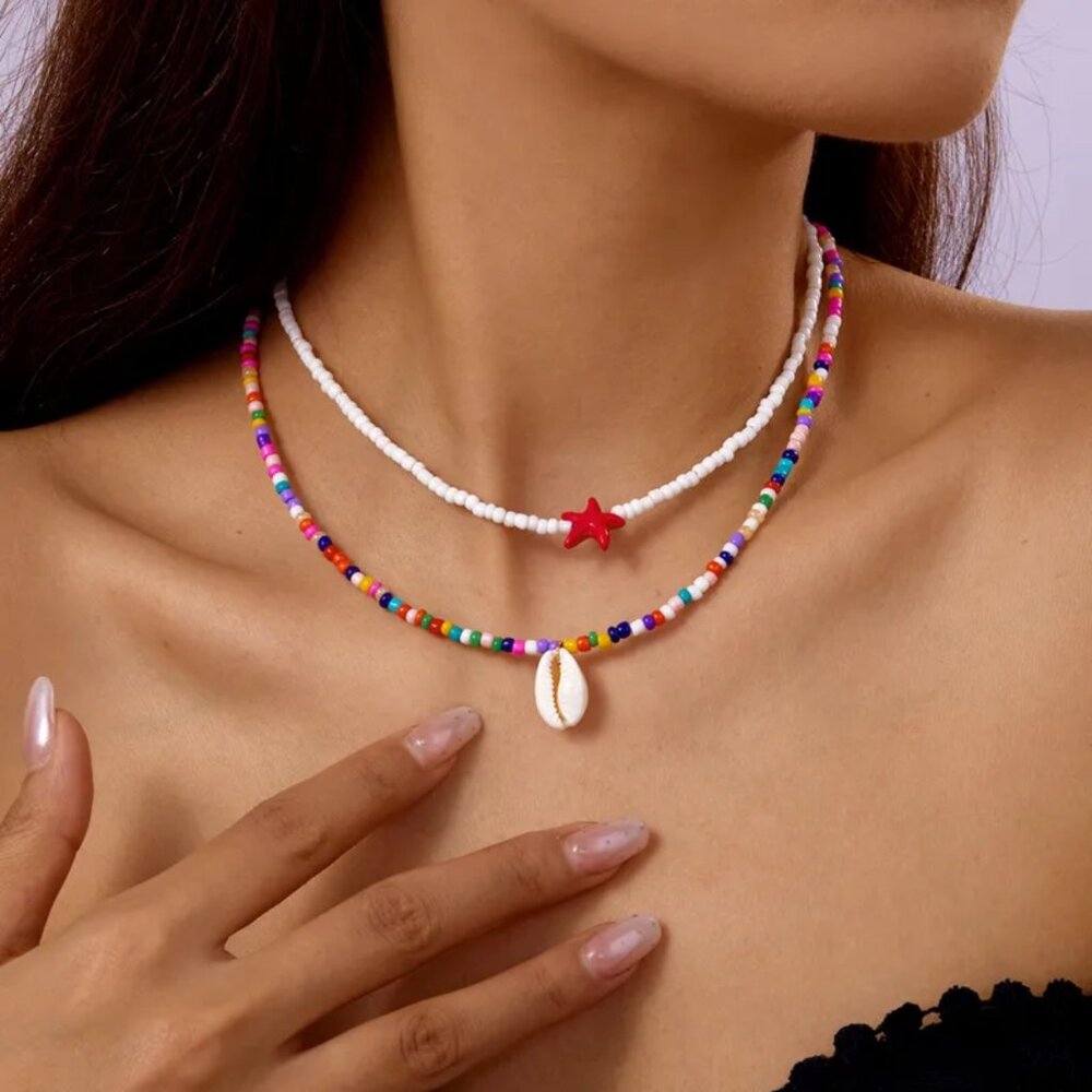 NEW Beachy Beaded Layered Cowrie Shell Stack Necklace Red/Multicolor